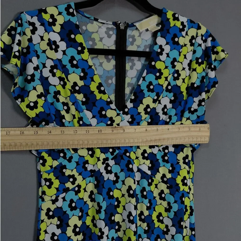 Michael Kors Blue Floral V-Neck Cap Sleeve Jersey Dress Women Size S